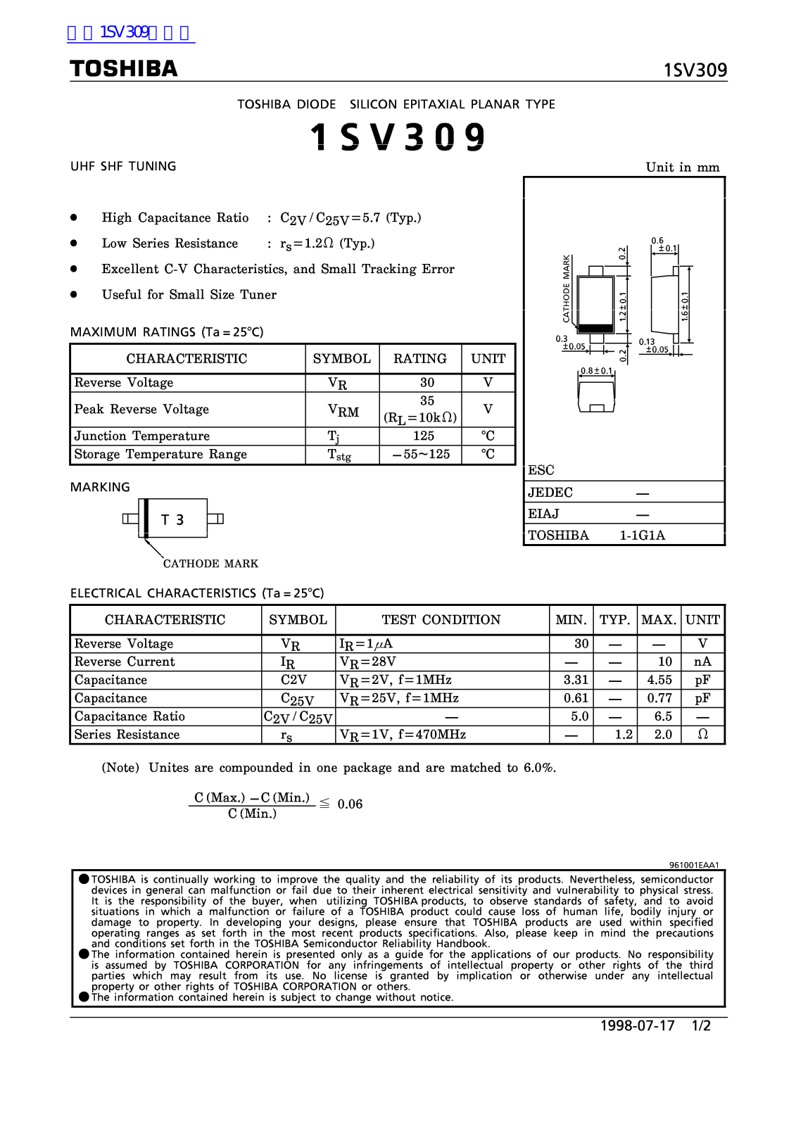 TOSHIBA 1SV309 Technical data