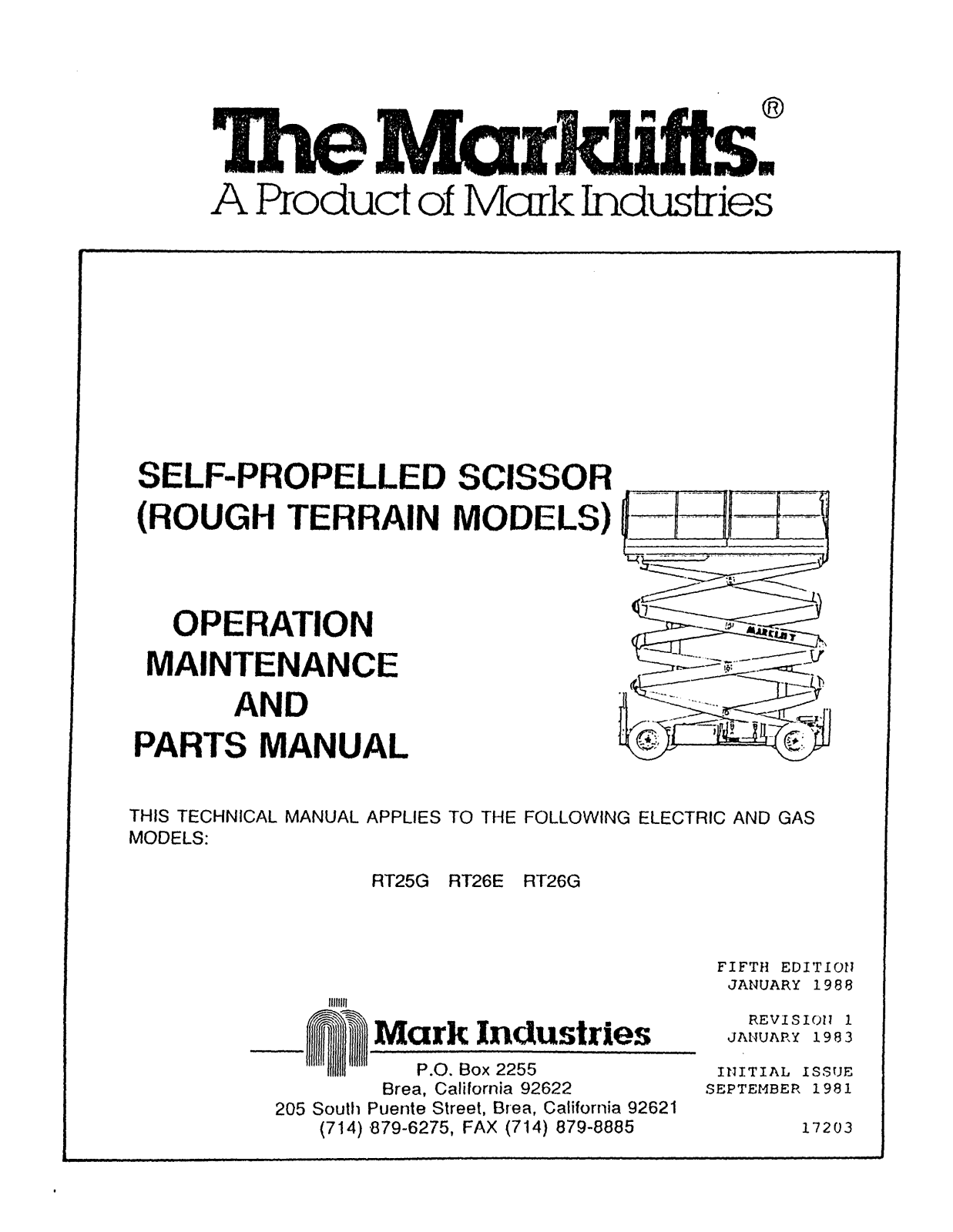 Marklifts RT25G, RT26E, RT26G Operator's Manual - ManualMachine.com
