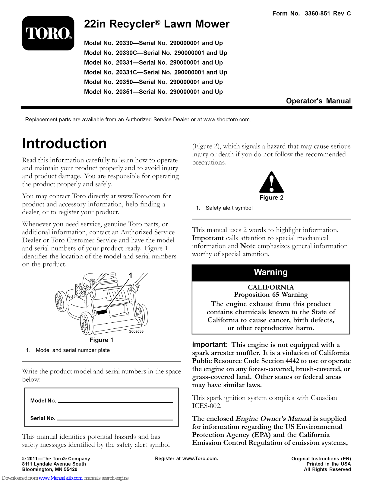 Toro 20351-Serial, 20331C-Serial, 20331-Serial, 20330C-Serial, 290000001 and Up Operator's Manual - ManualMachine.com