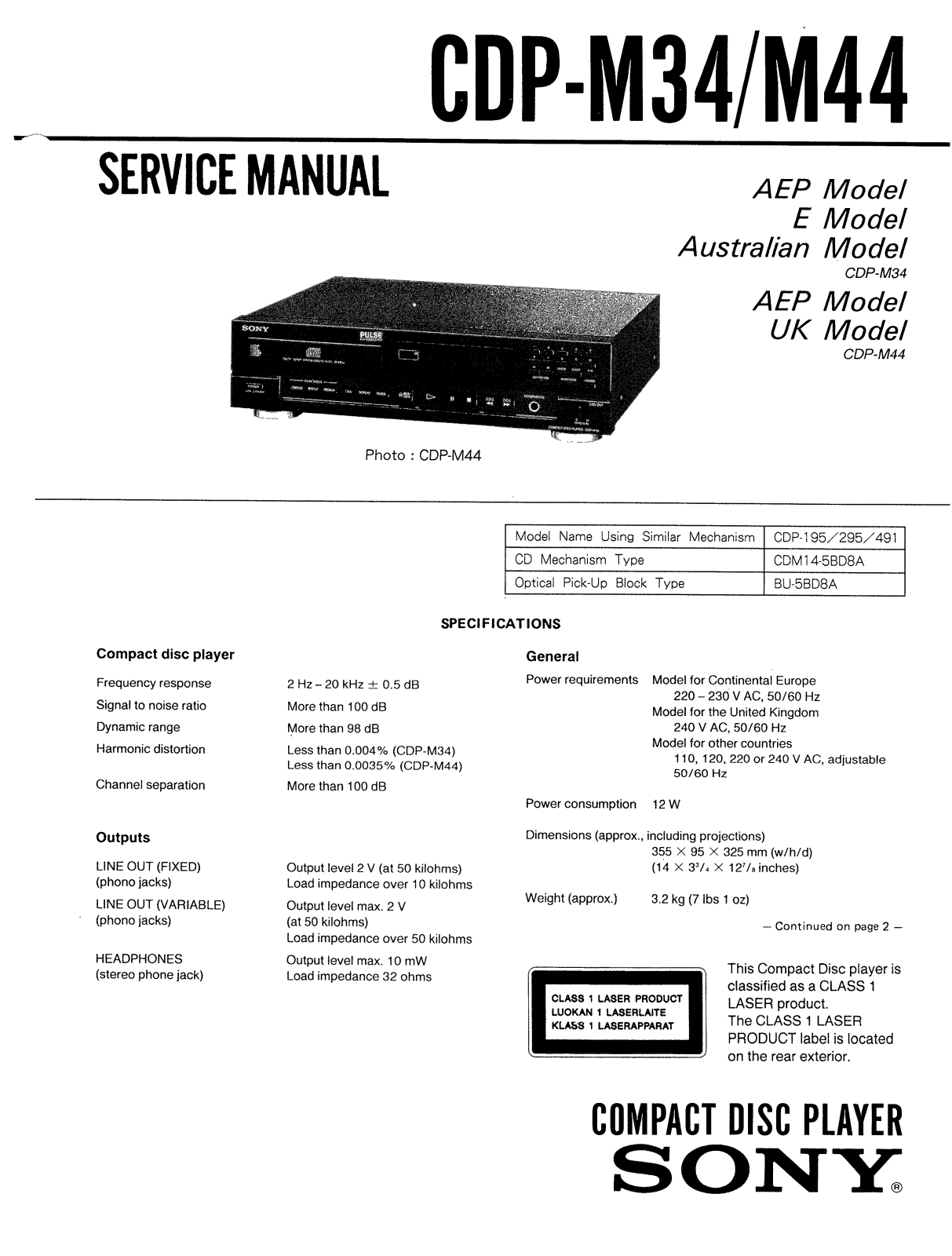 Sony CDPM-44 Service manual