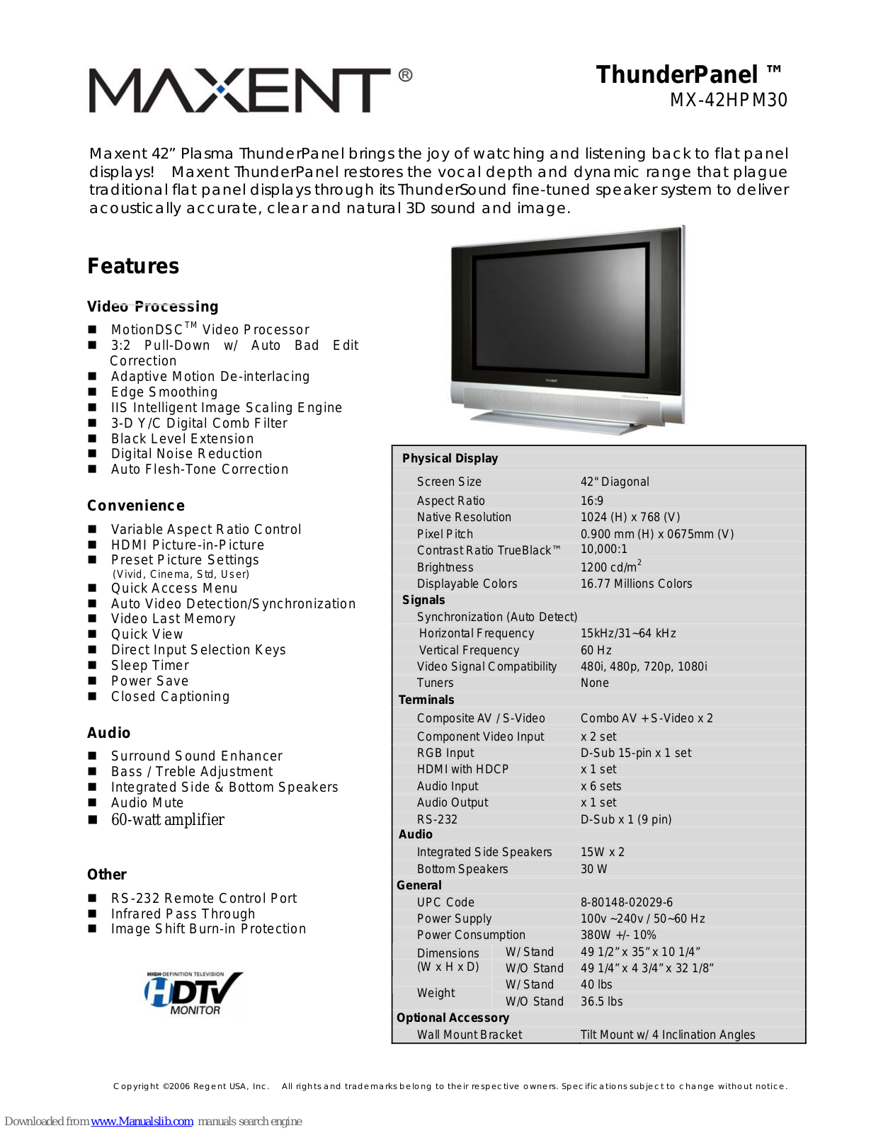 Maxent MX-42HPM30 Specifications - ManualMachine.com