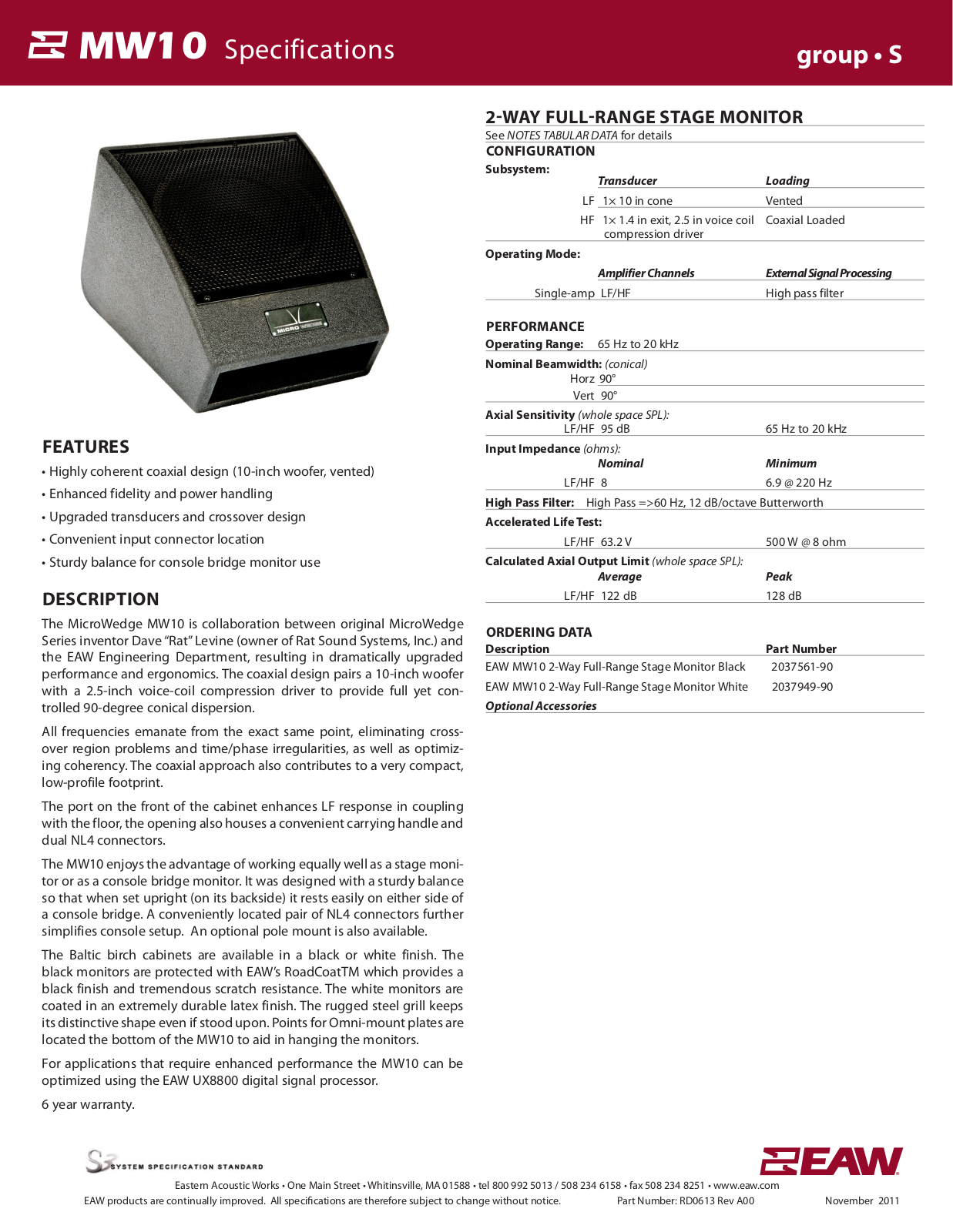 EAW MW10 Specifications