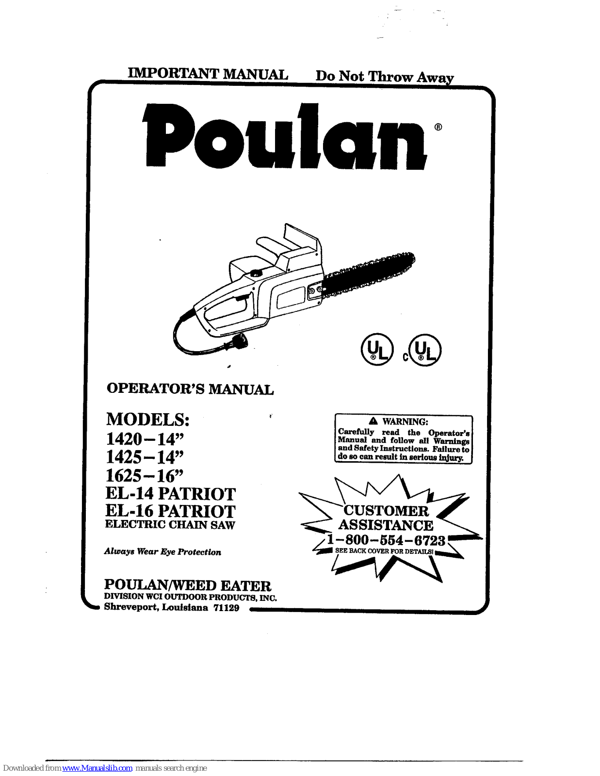 Poulan Pro 1420, 1420-952801952, 1425, EL-14 Patriot, EL-16 Patriot Operator's Manual