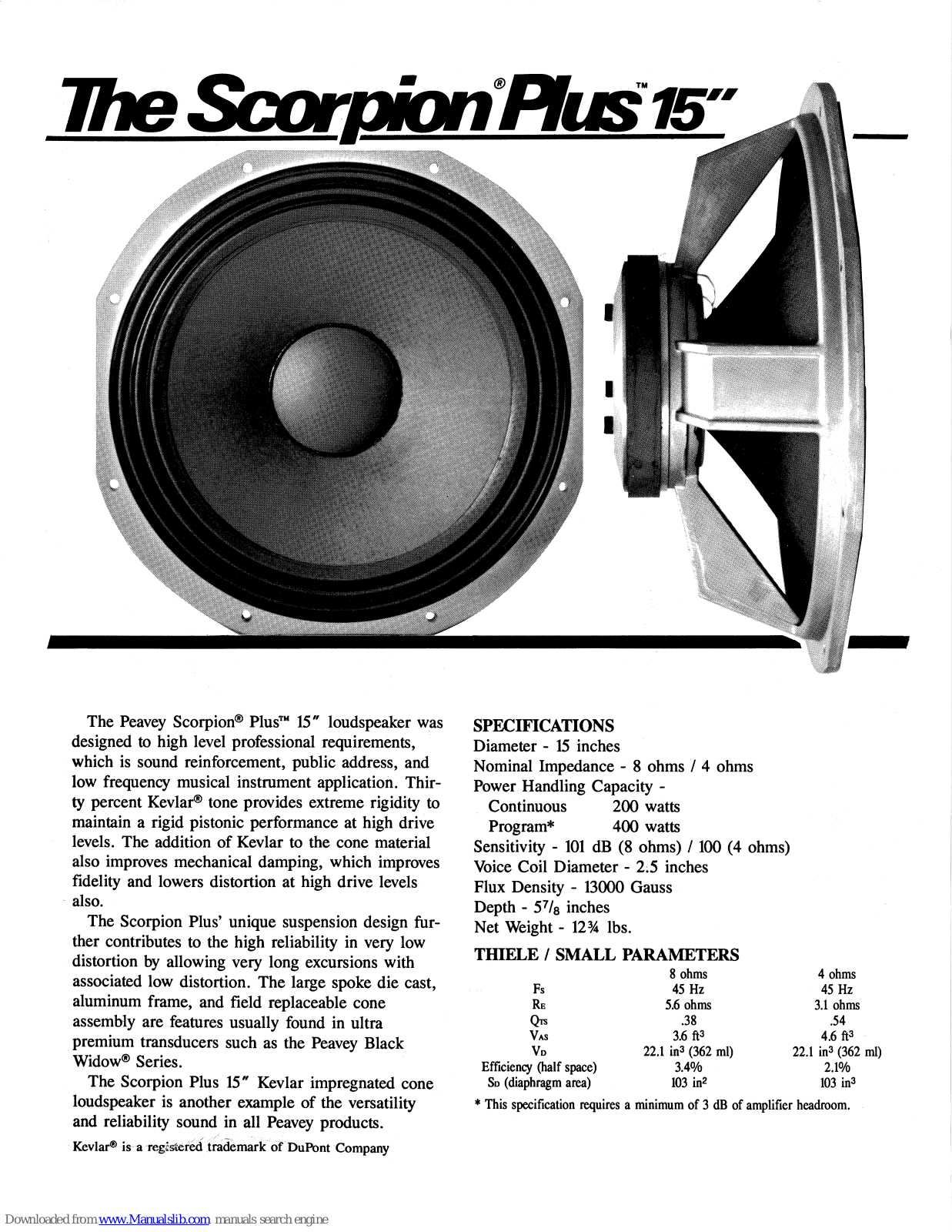 Peavey Scorpion Series ScorpionPlus 15, Scorpion Plus 15 Specifications