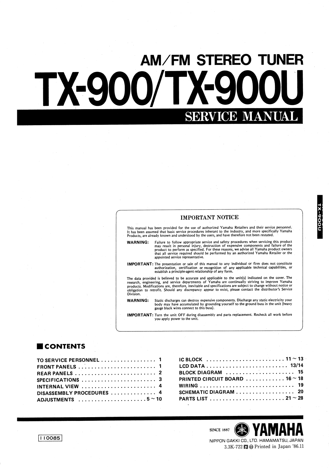 Yamaha TX-900-U Service Manual