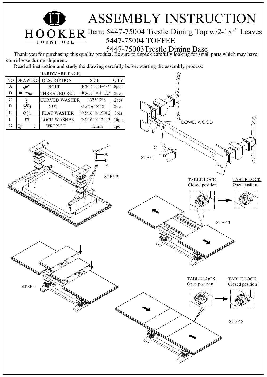 Hooker Furniture 544775206DT, 544775206 Assembly Guide