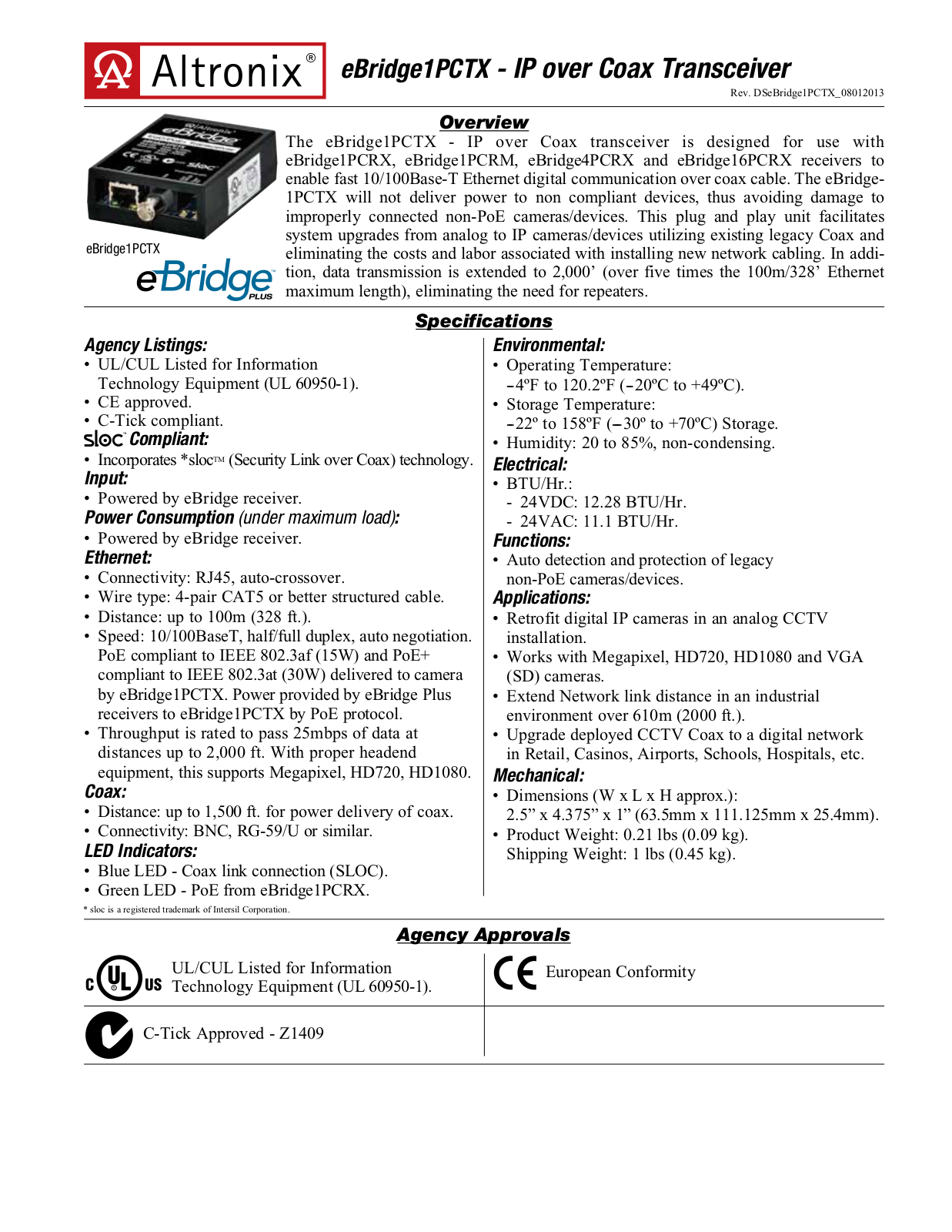 Altronix eBridge1PCTX Data Sheet