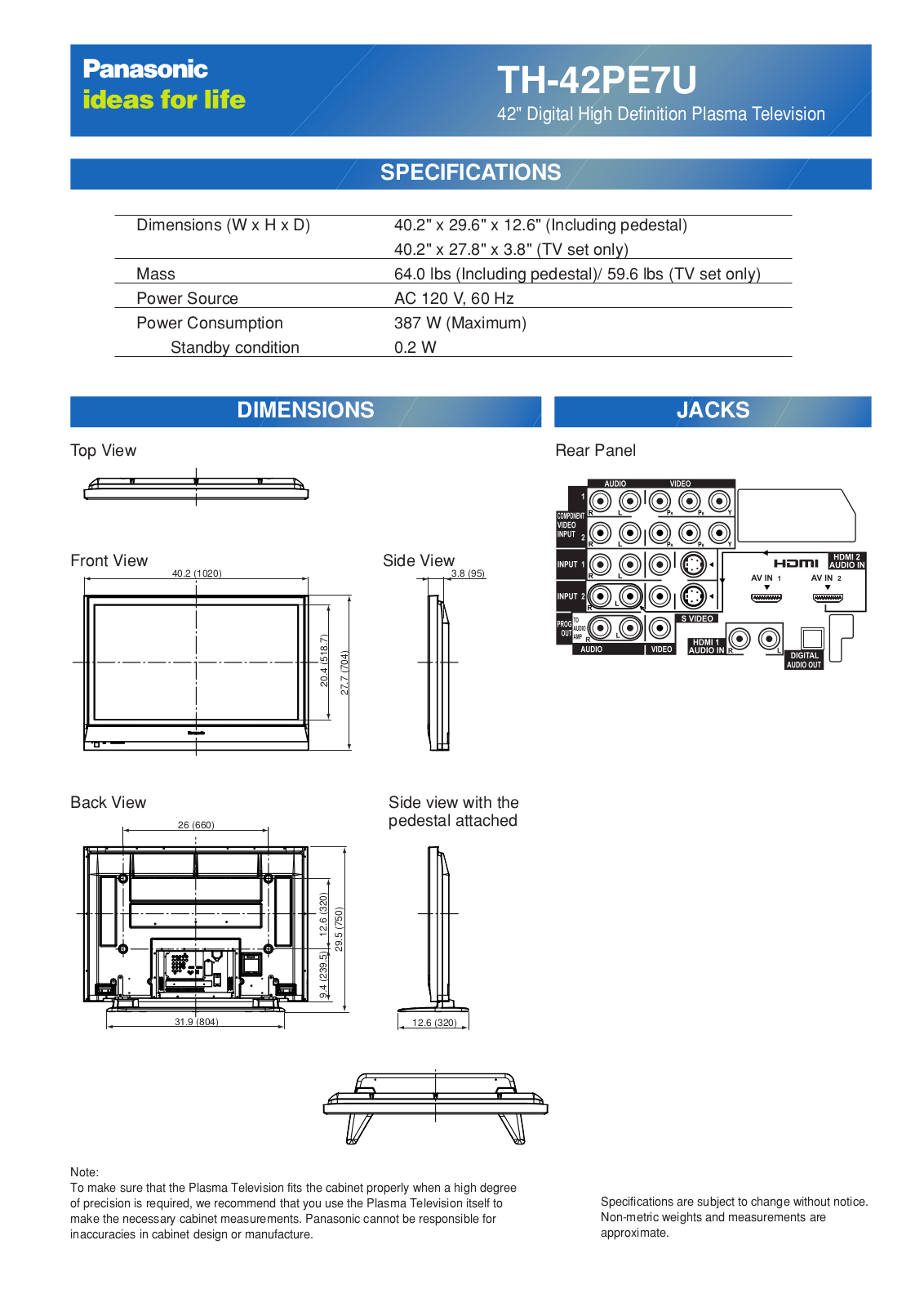 Panasonic th-42pe7 cut sheet - ManualMachine.com