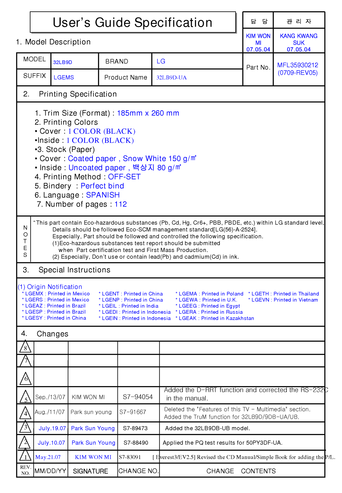 Lg 32LB9D, 32LB9DB, 47LC7DF, 50PY3D, 50PY3DF User Manual