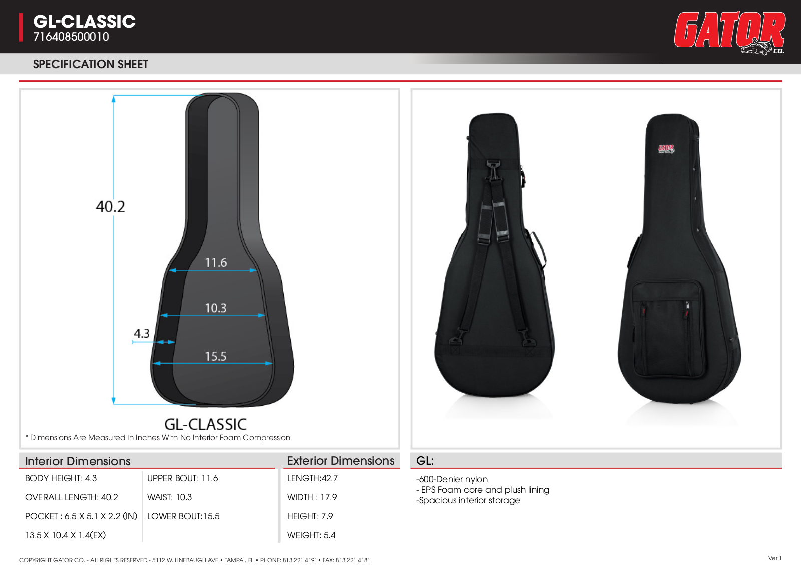 Gator GL-CLASSIC Specifications