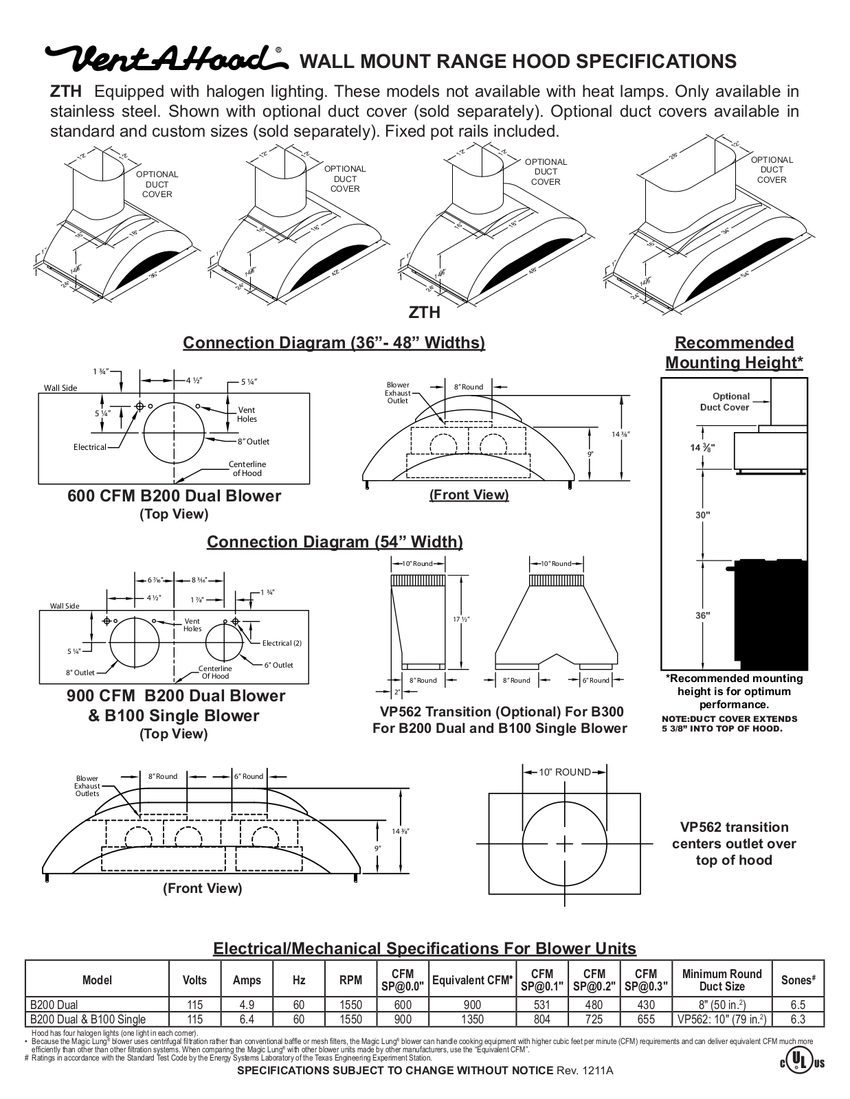 Vent-A-Hood ZTH248SS Specifications