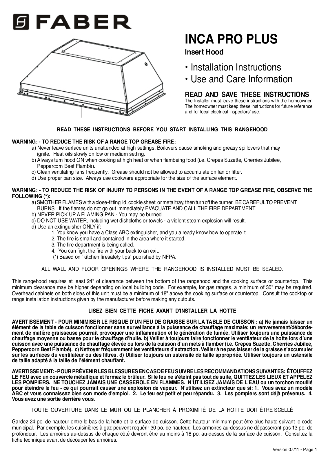 Faber INPL4819SS, INPL4219SS, INPL4822SS, INPL3622SS Use & Care Guide