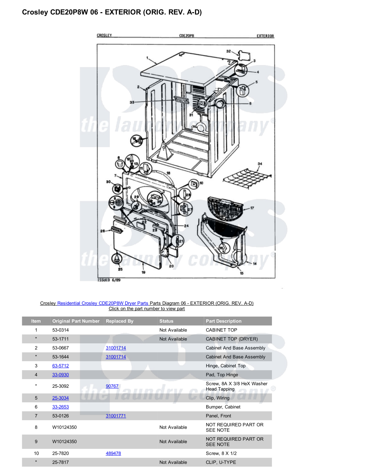 Crosley CDE20P8W Parts Diagram