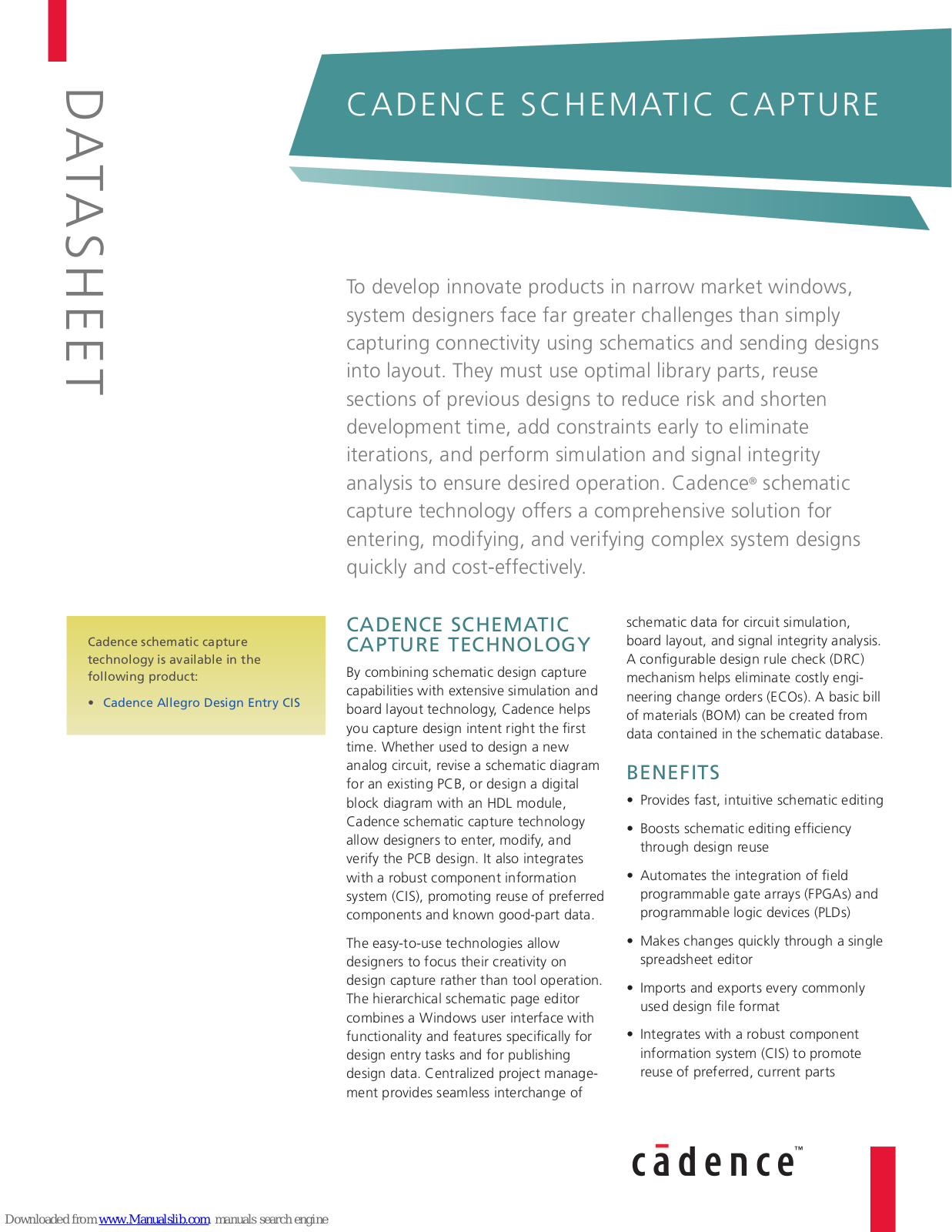 Cadence SCHEMATIC CAPTURE, SHEMATIC CAPTURE Datasheet