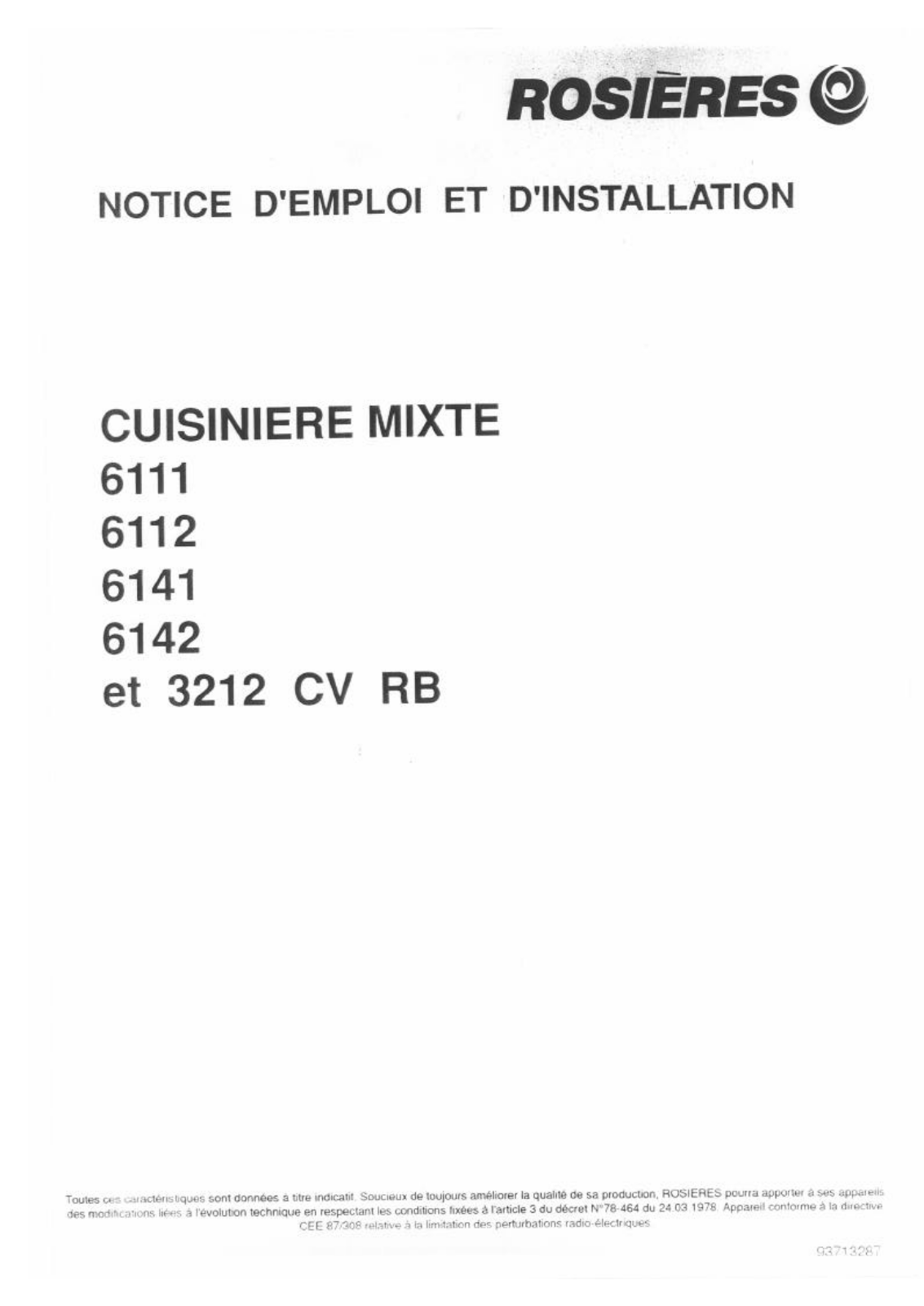 ROSIERES 3212 CV RB, 6111, 6112, 6141, 6142 User Manual