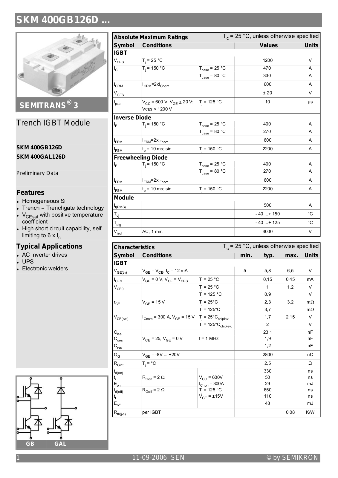 Semikron SKM400GAL126D Data Sheet