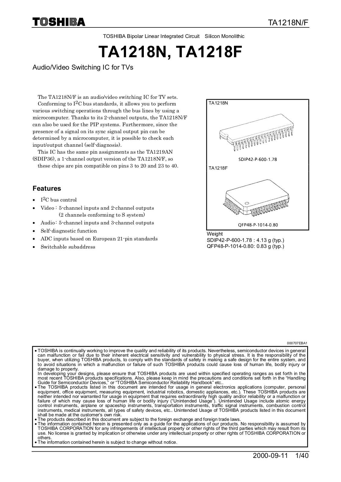 Toshiba TA1218N, TA1218F User Manual