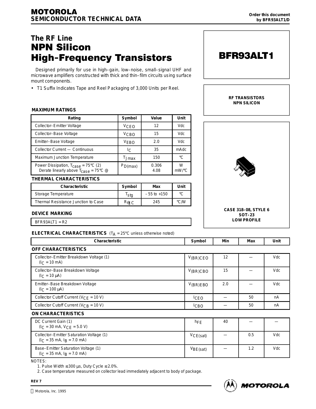 Motorola BFR93ALT1 Datasheet