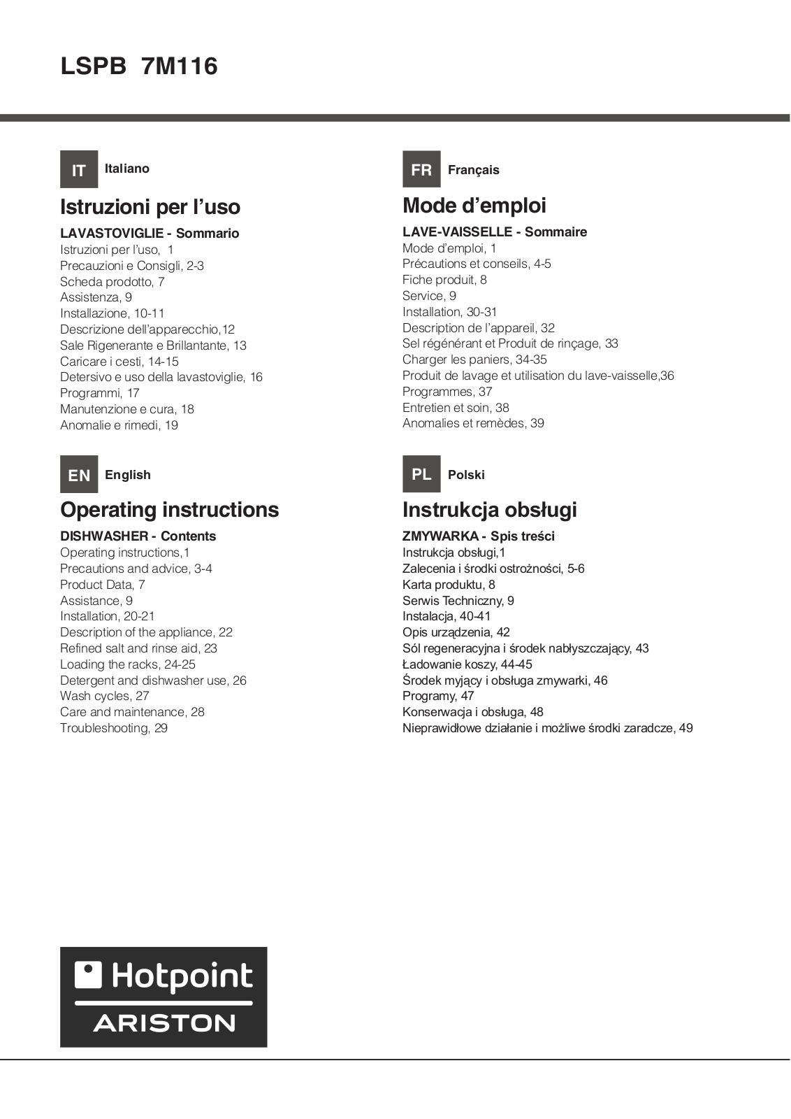 HOTPOINT LSPB 7M116 X EU User Manual