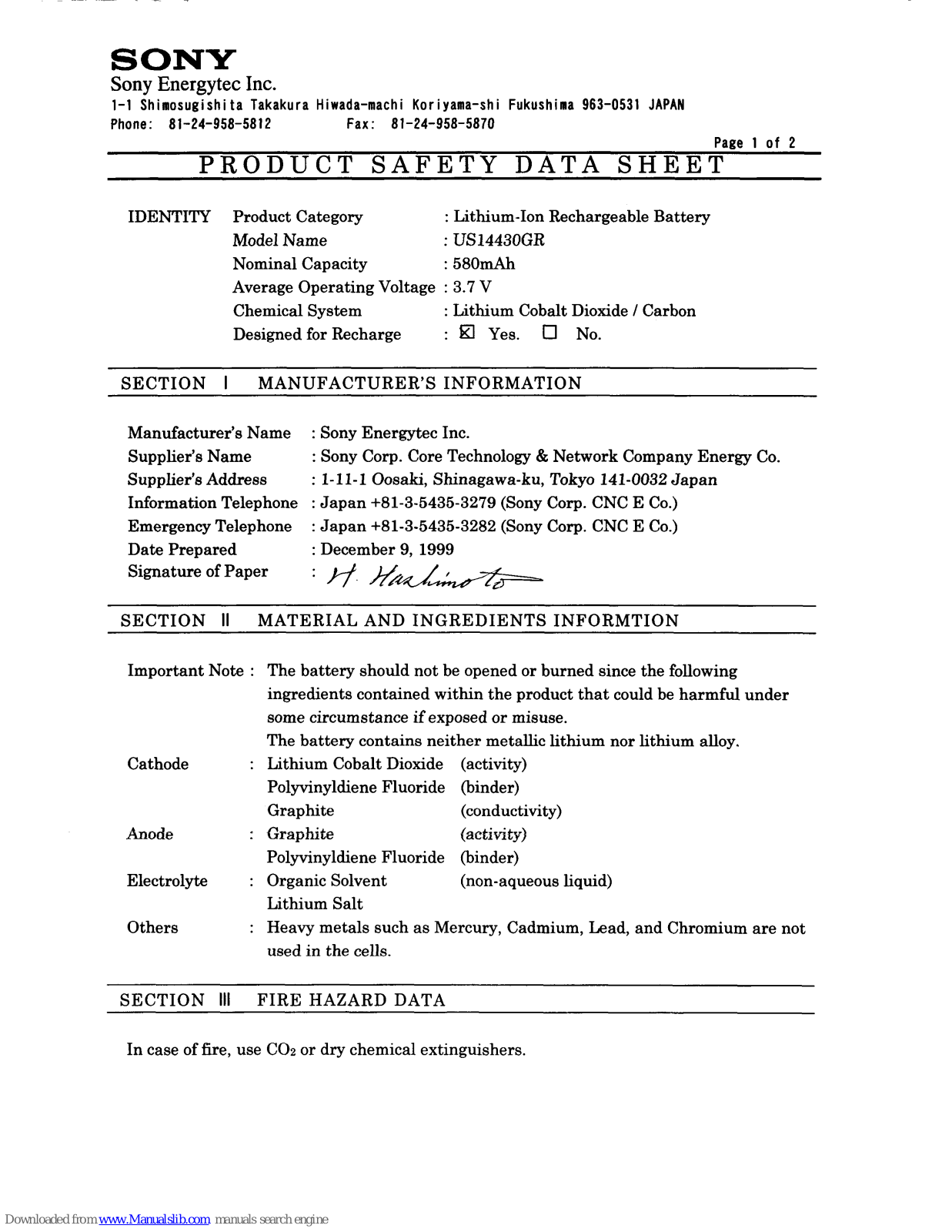 Sony US14430GR Product Safety Data Sheet