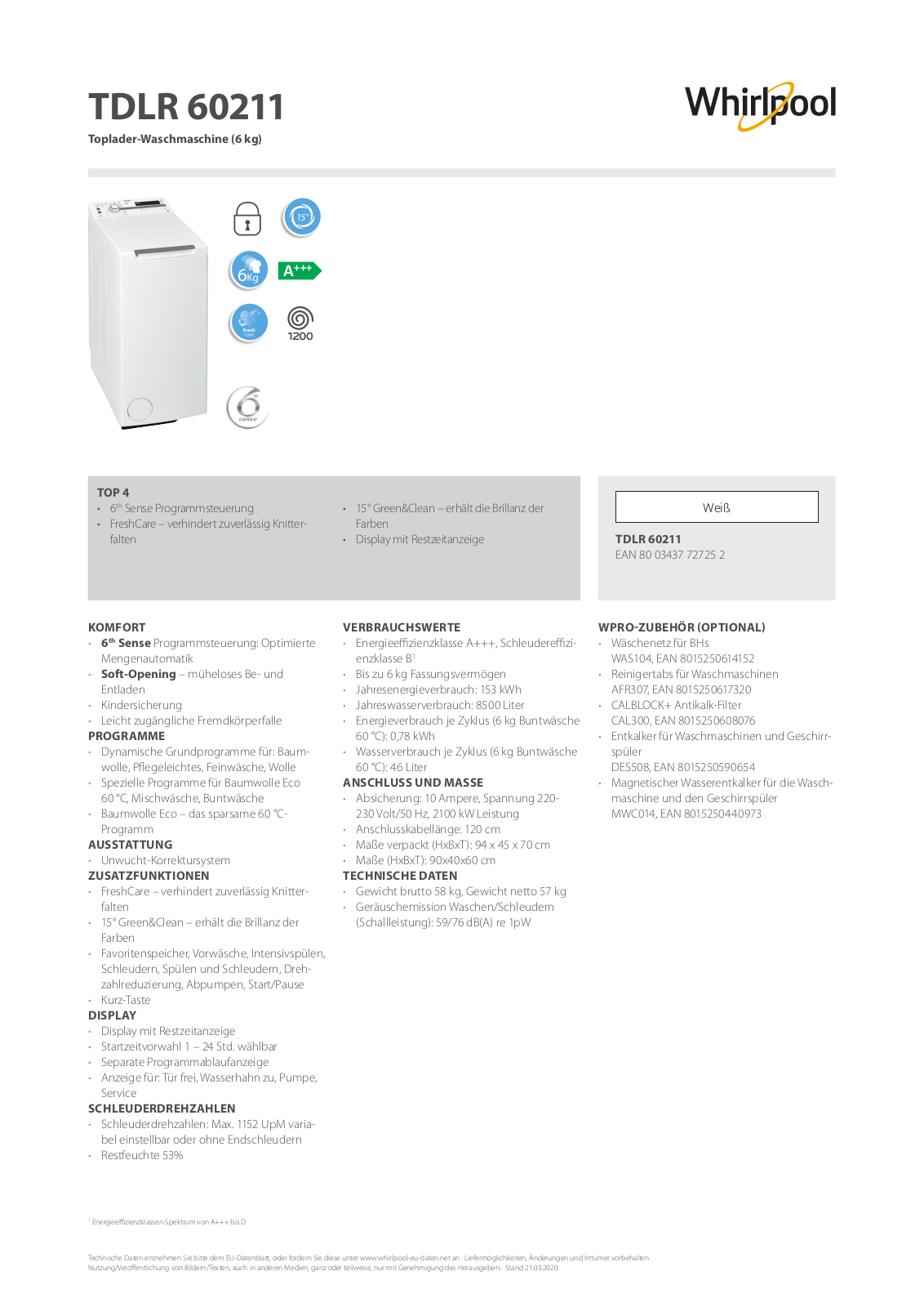 Whirlpool TDLR 60211 User Manual