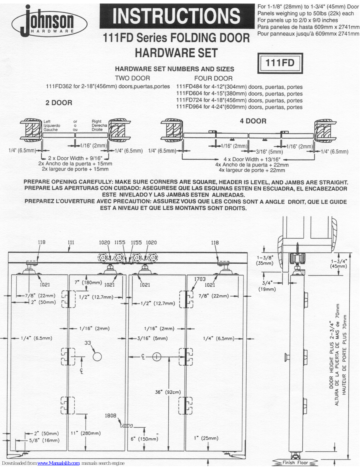 Johnson Hardware 111FD Series, 111FD484, 111FD604, 111FD724, 111FD964 Instruction Manual