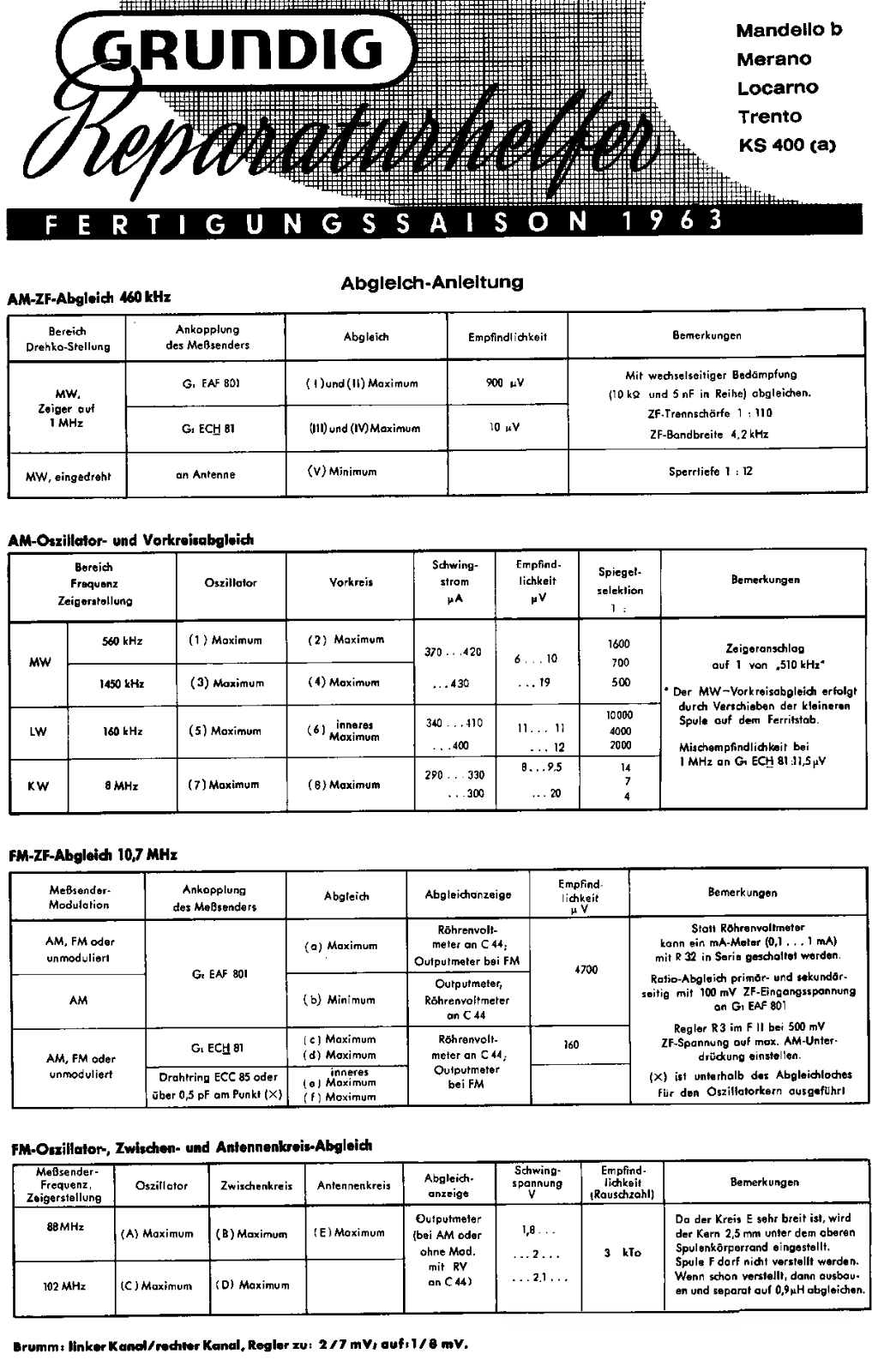 Grundig Trento, Merano, Mandello-B, KS-400 Service Manual