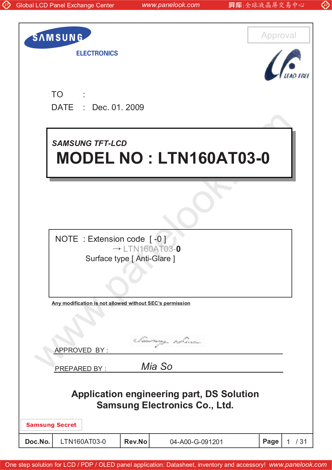 SAMSUNG LTN160AT03-001 Specification