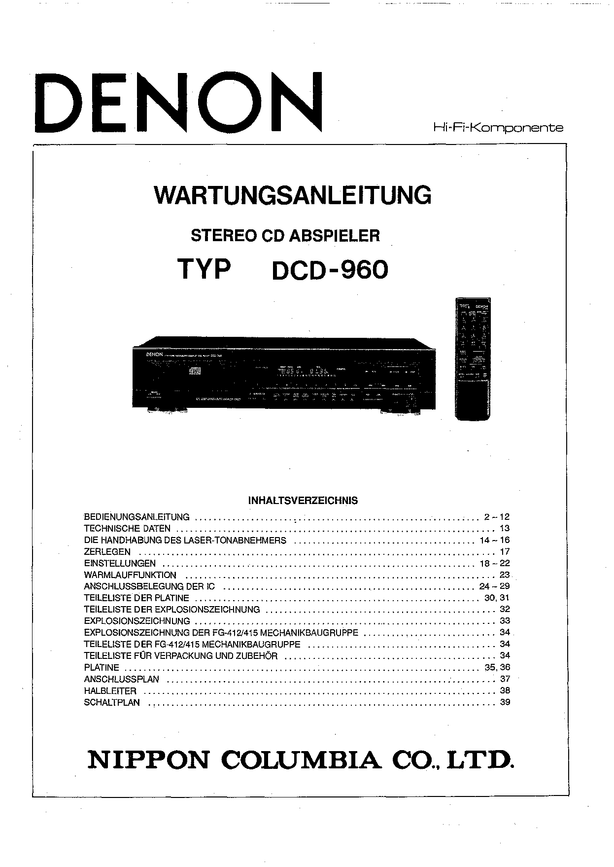 Denon DCD-960 DE Service Manual