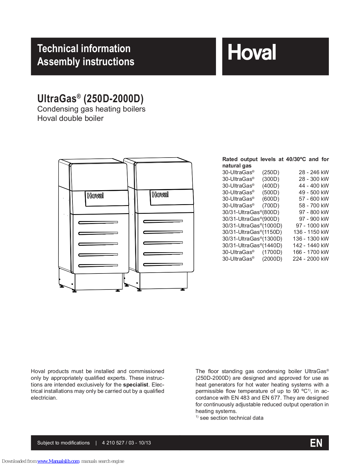 Hoval 30-UltraGas (400D), 30-UltraGas (700D), 30-UltraGas (300D), 30-UltraGas (500D), 30-UltraGas (1700D) Technical Information And Assembly Instructions