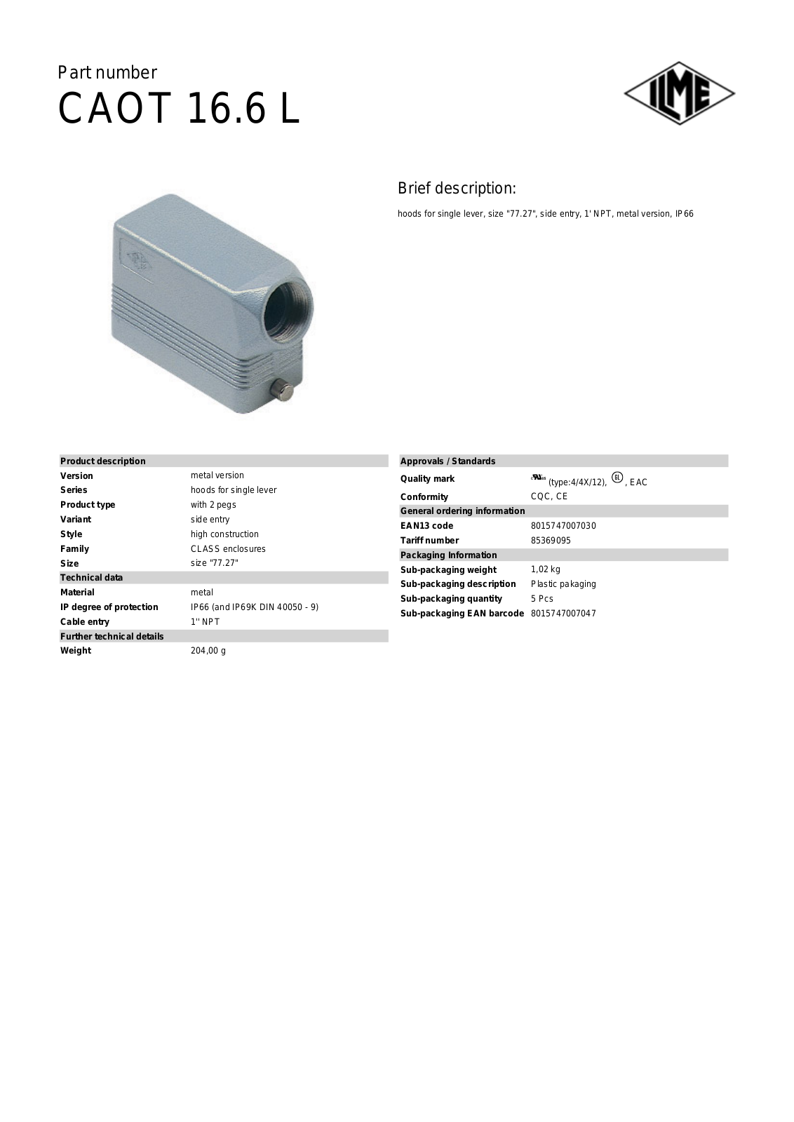 ILME CAOT-16.6L Data Sheet