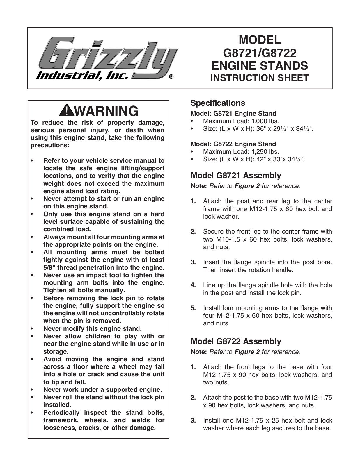 Grizzly G8721, G8722 User Manual