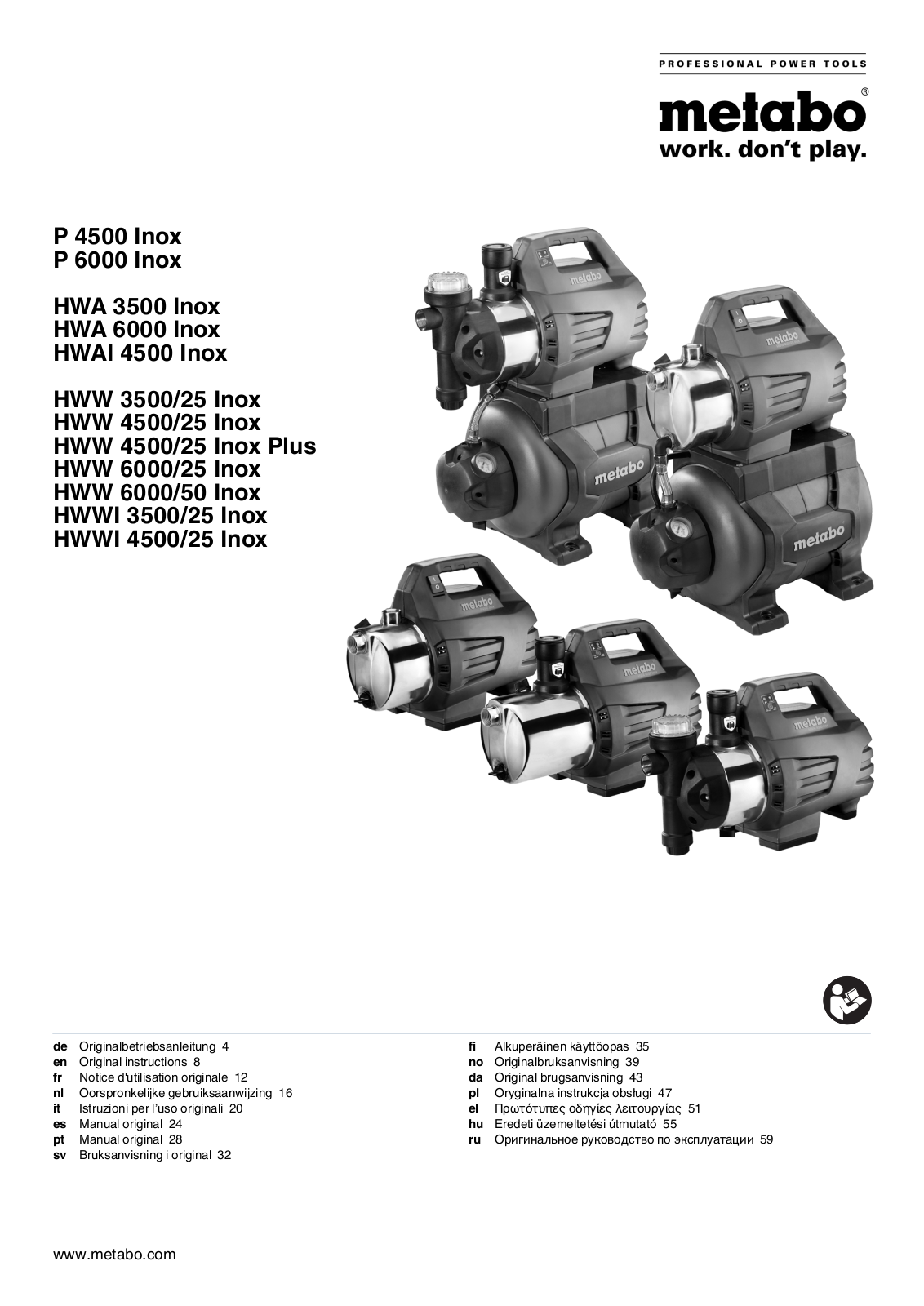 Metabo P 4500 Inox, P 6000 Inox, HWA 3500 Inox, HWA 6000 Inox, HWAI 4500 Inox User Manual