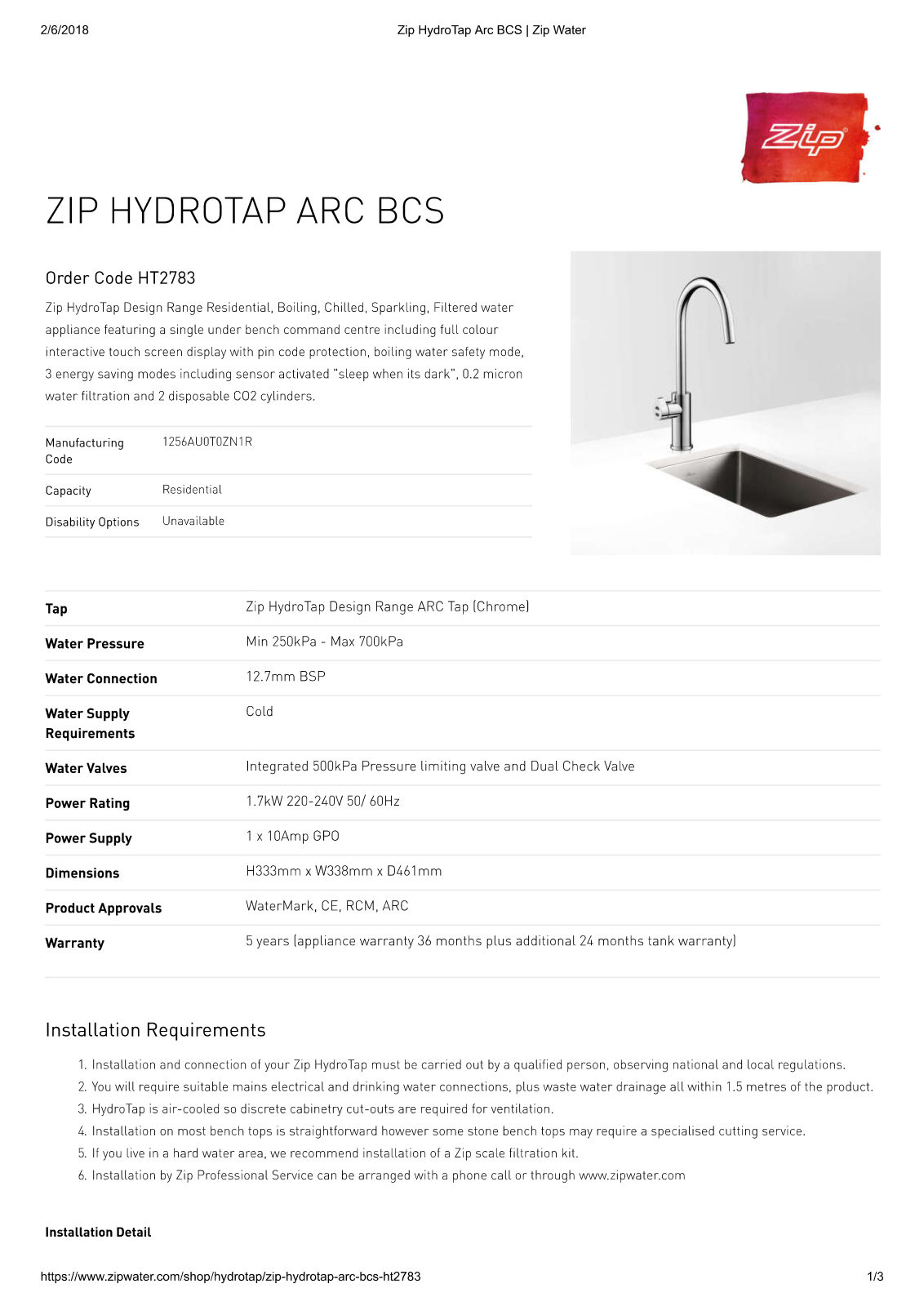 Zip HT2783 Specifications Sheet