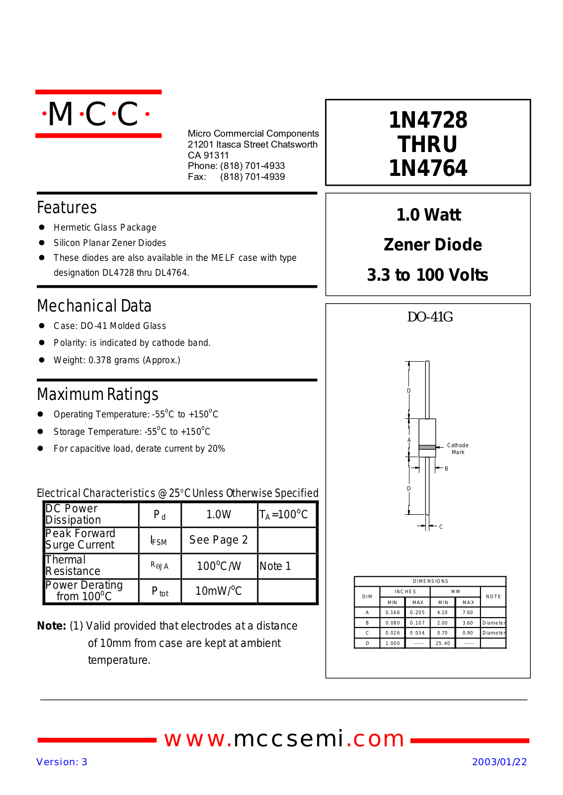 MCC 1N4763, 1N4764, 1N4762, 1N4761, 1N4760 Datasheet