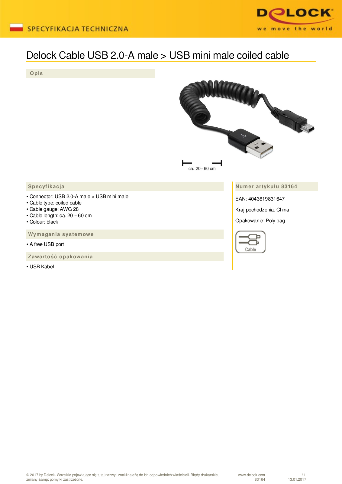 DeLOCK USB-A 2.0 to USB 2.0 mini-B adapter cable 5-pin, 0.6m, spiral cable User Manual