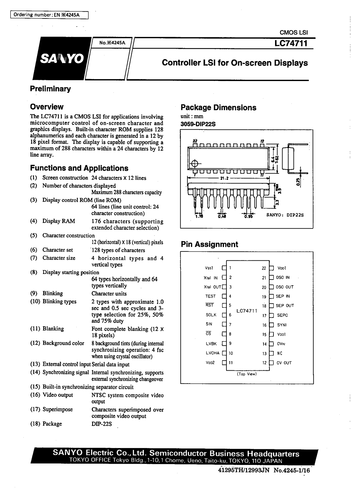 SANYO LC74711 Datasheet