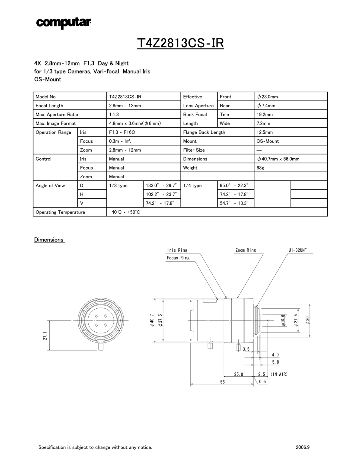 Computar T4Z2813CS-IR Specsheet