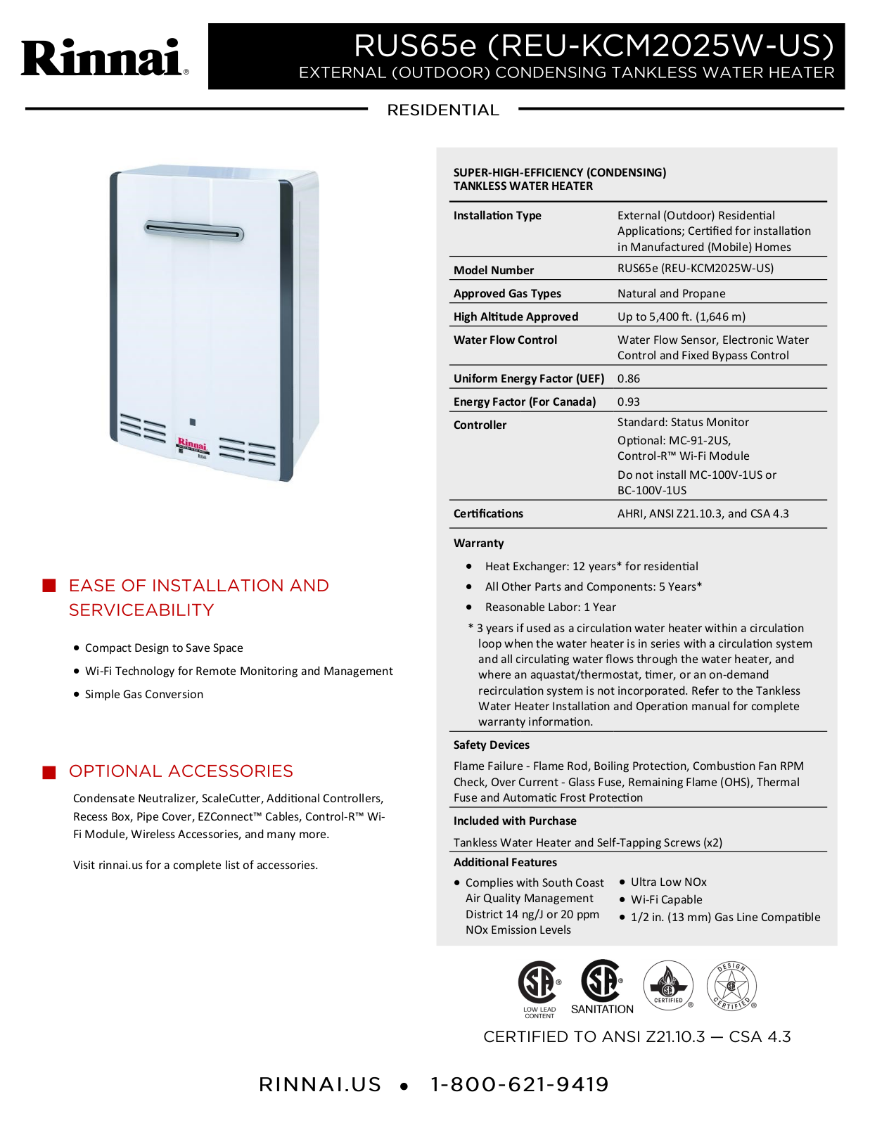 Rinnai Water Heater RUS65eN Specifications