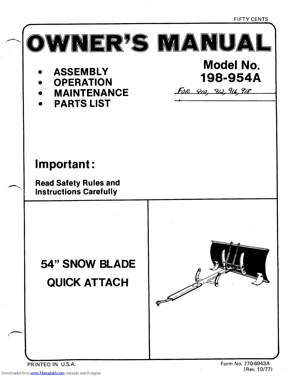 MTD 198-954A Owner's Manual