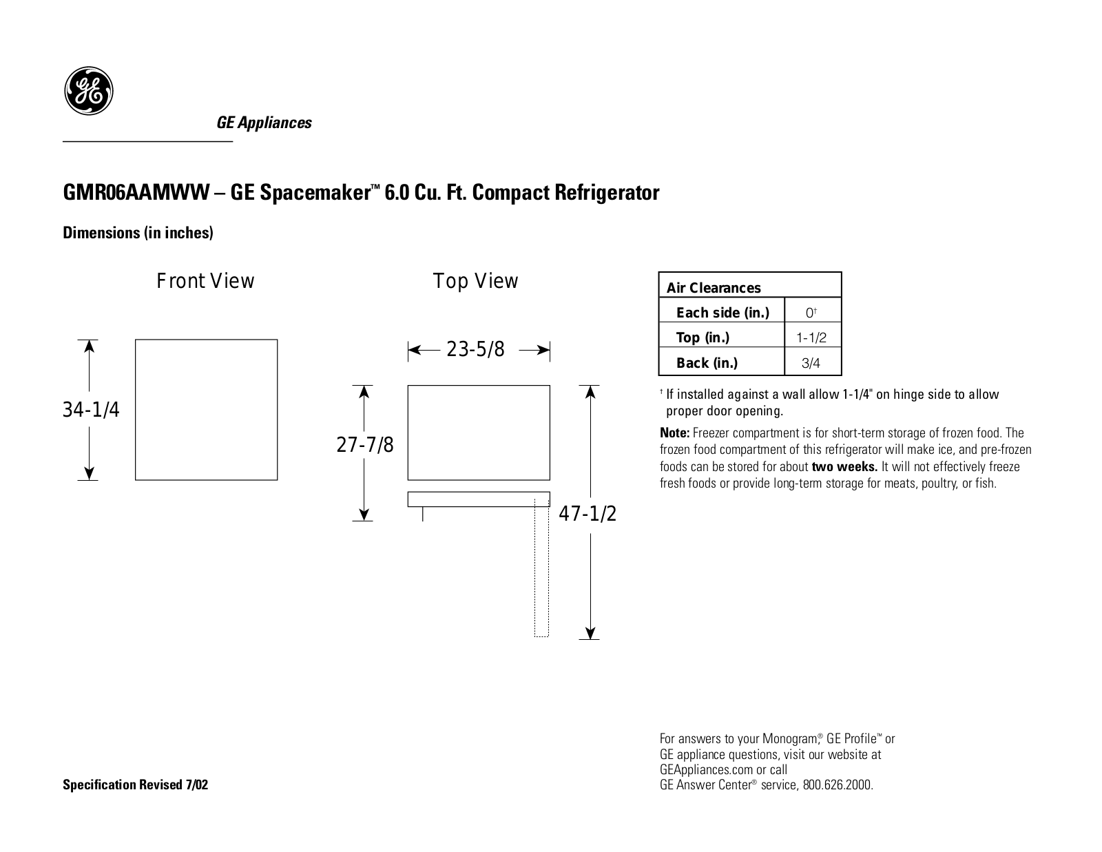 GE GMR06AAMWW Specification - ManualMachine.com