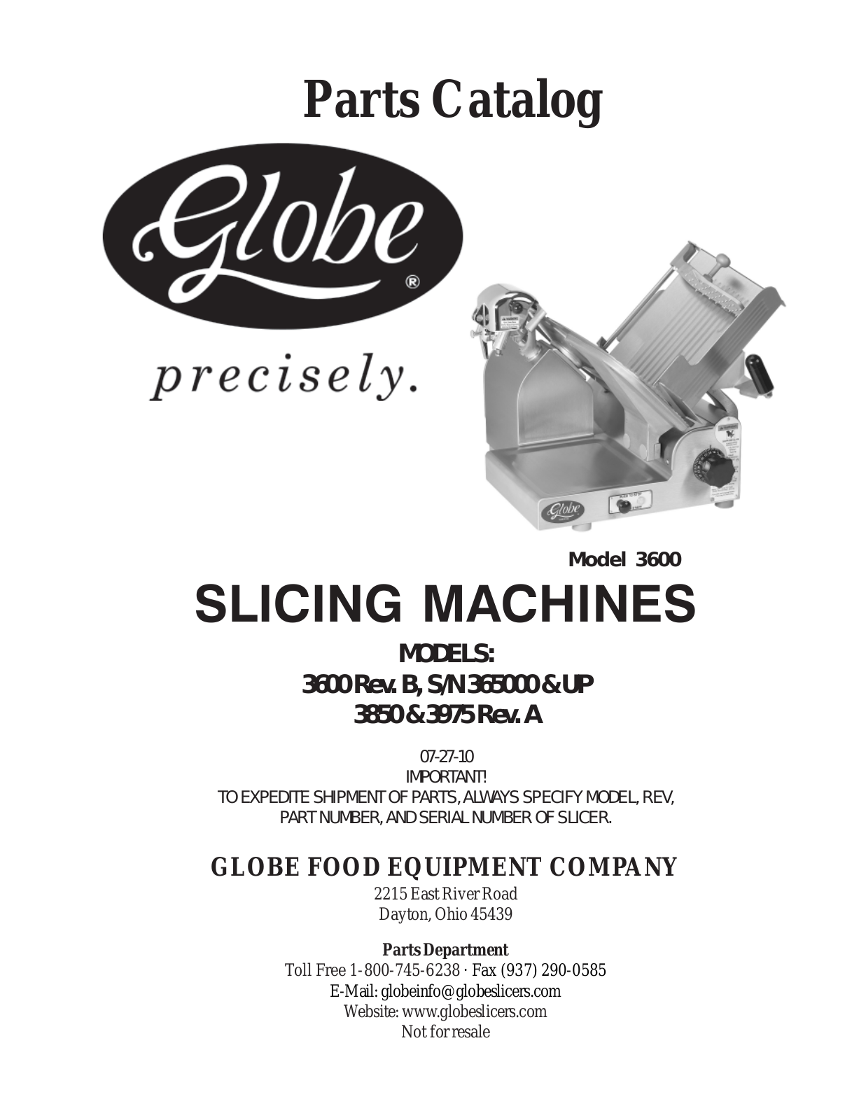 Globe Food Equipment 3600 Part Manual