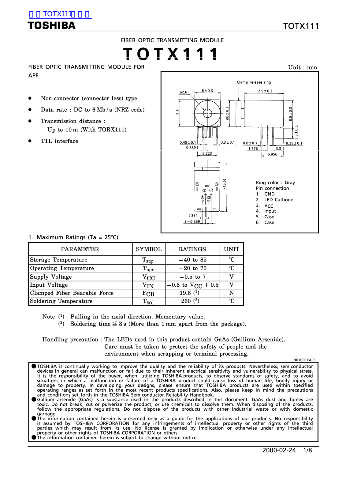 TOSHIBA TOTX111 Technical data