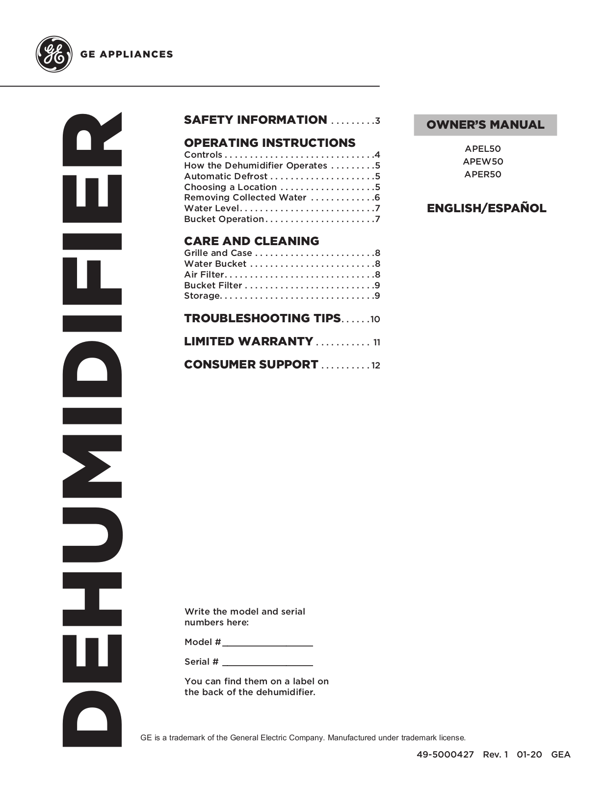 GE APEL50, APEW50, APER50 Owner’s Manual