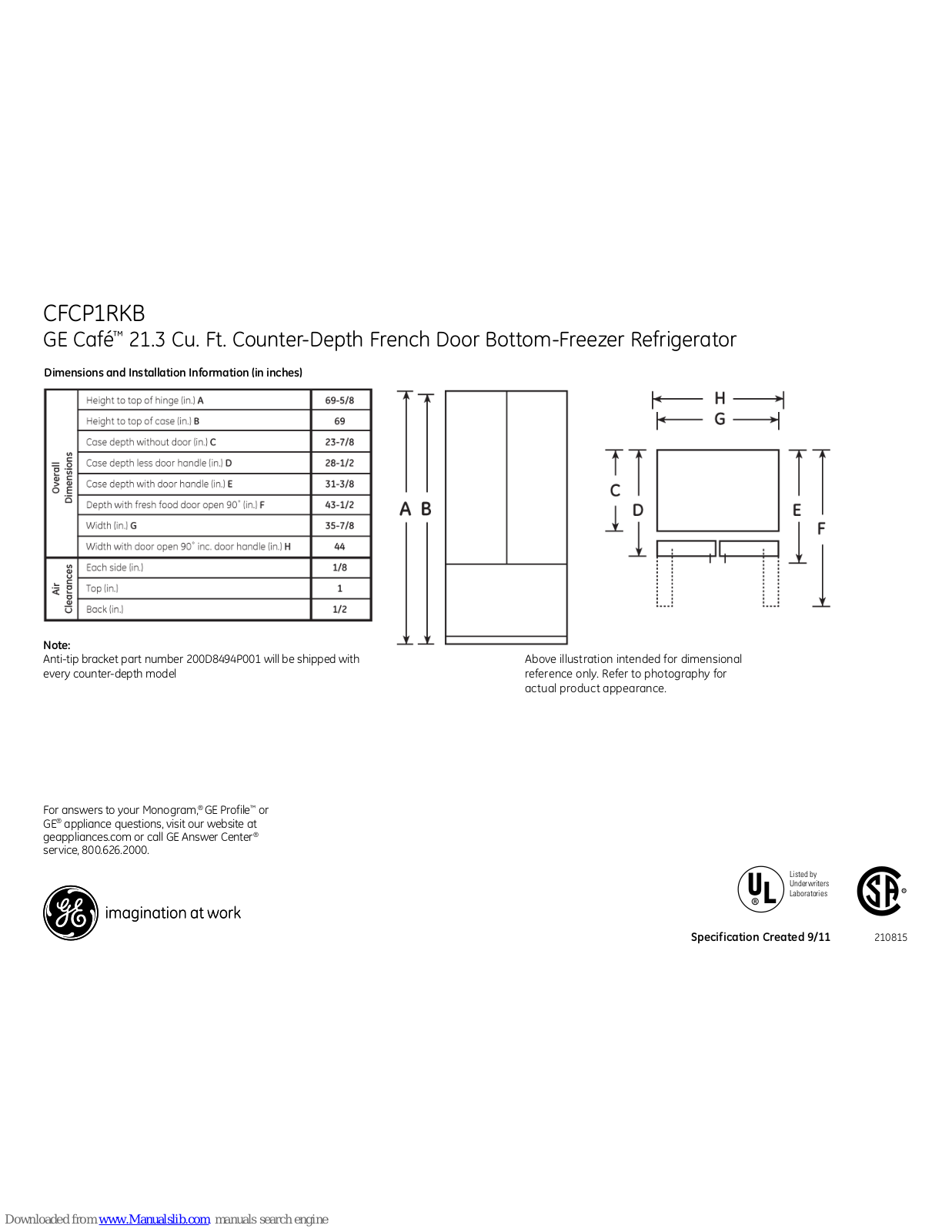 GE CafÃ?Â© CFCP1RKBSS, Café CFCP1RKB, Café CFCP1RKZSS Dimensions And Installation Information