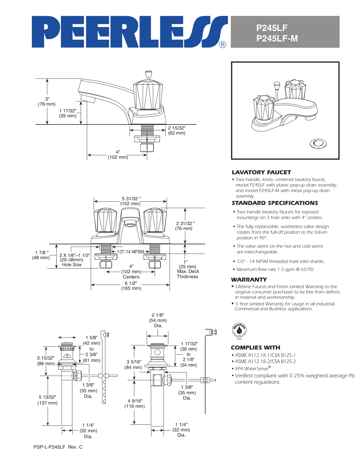 Peerless Faucets PEY1090 Specifications - ManualMachine.com