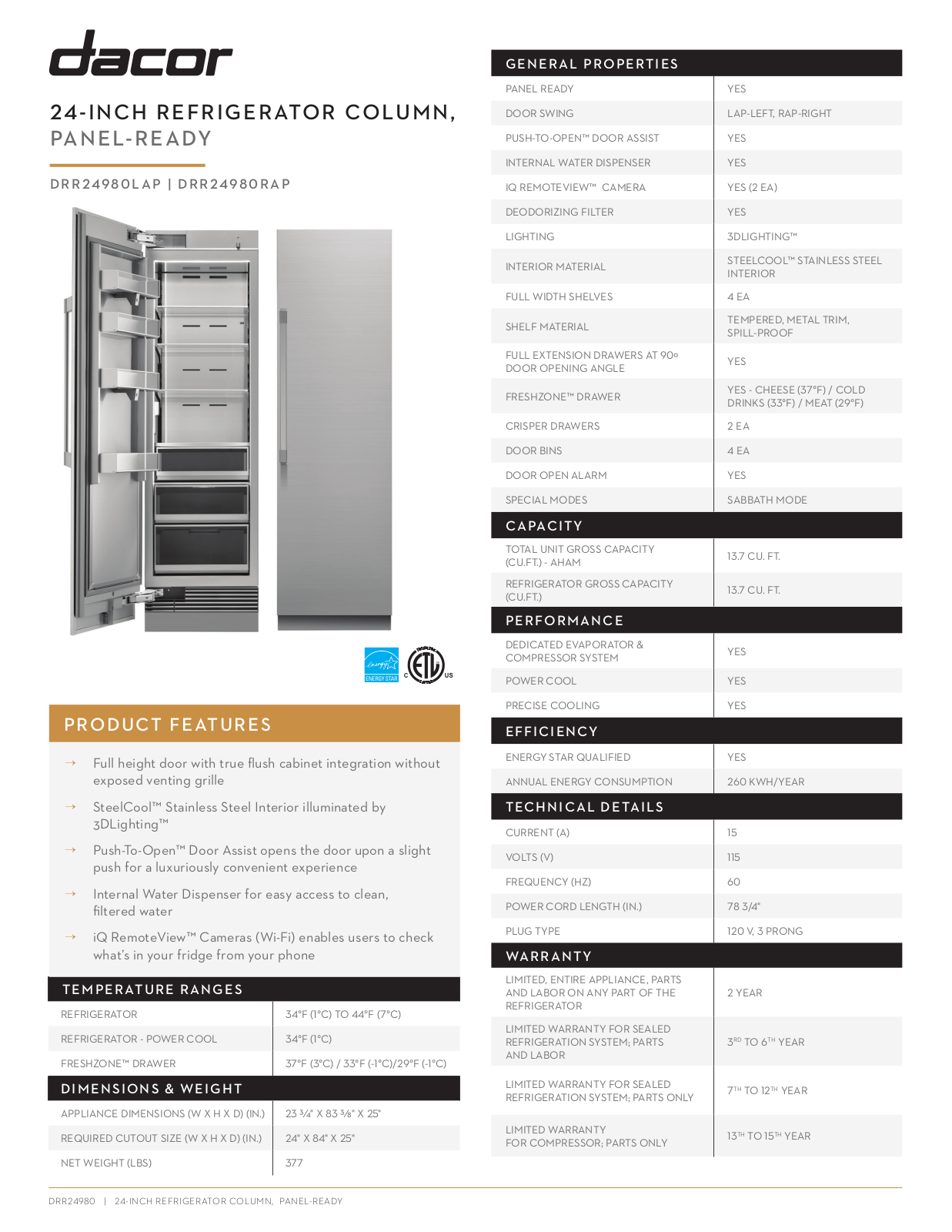 Dacor DRR24980RAP Specsheet