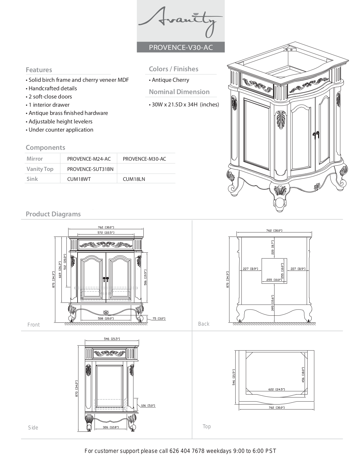 Avanity PROVENCEVS30AC Specifications