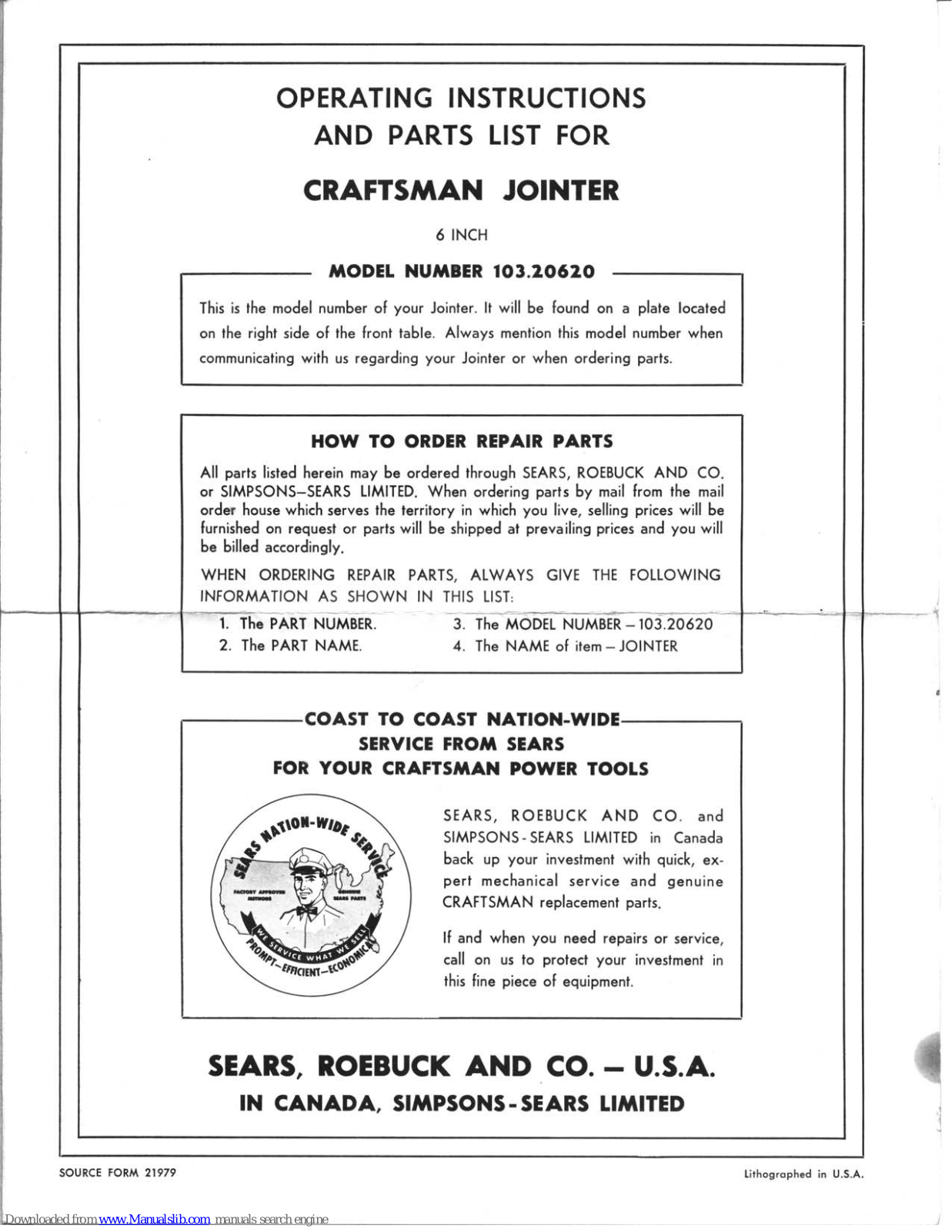 Craftsman 103.20620 Operating Instructions Manual