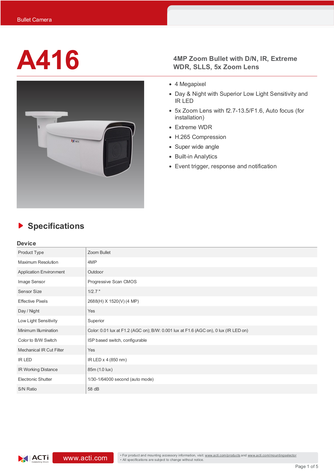 ACTi A416 Specsheet